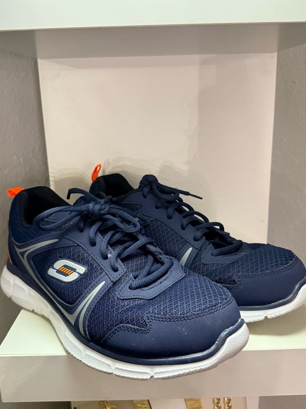 Skechers Navy Blue Mesh Sneakers with Orange Accents